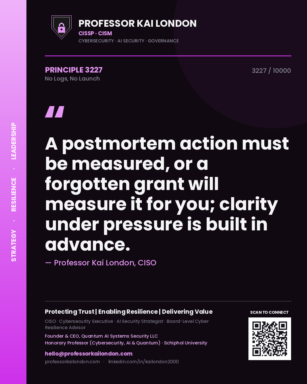 Quote card by Professor Kai London reading 'A postmortem action must be measured, or a forgotten grant will measure it for you; clarity under pressure is built in advance.'. From the book No Logs, No Launch.