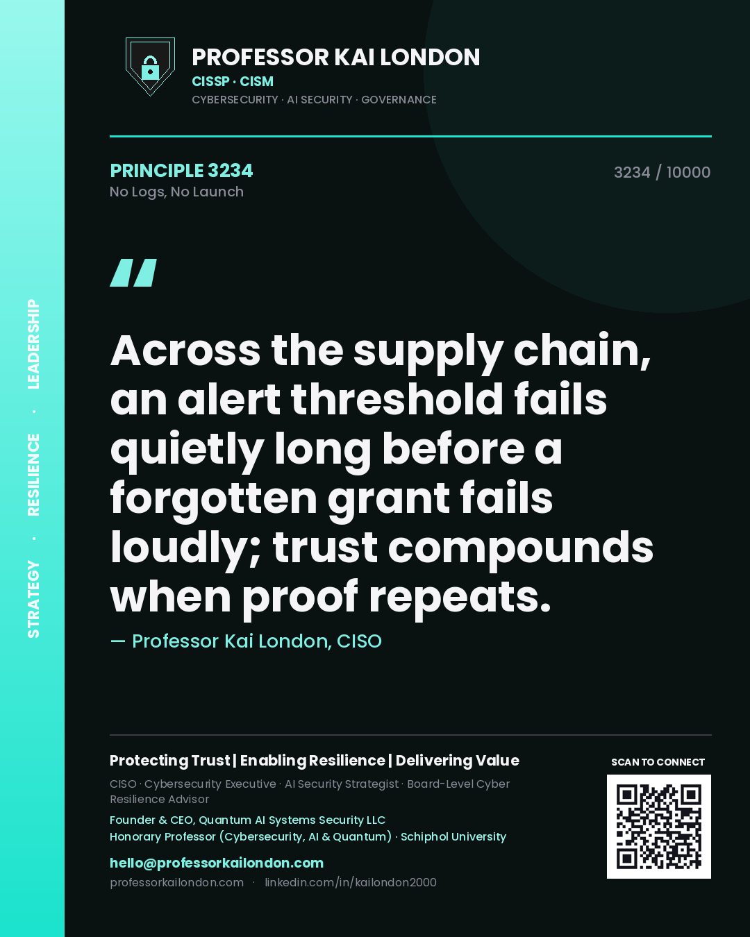 Professor Kai London principle 3234: Across the supply chain, an alert threshold fails quietly long before a forgotten grant fails loudly; trust compounds when proof repeats.