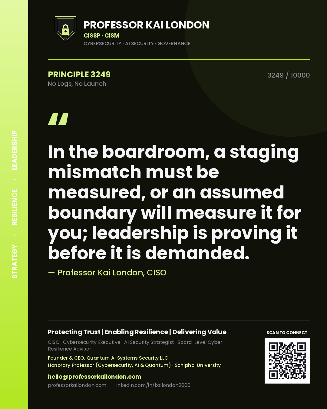 Quote card by Professor Kai London reading 'In the boardroom, a staging mismatch must be measured, or an assumed boundary will measure it for you; leadership is proving it before it is demanded.'. From the book No Logs, No Launch.