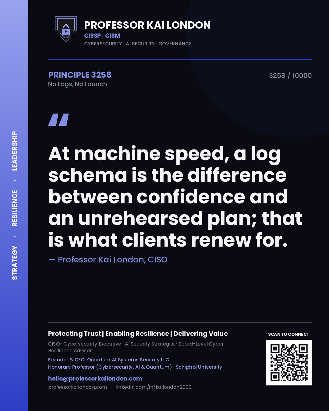 Professor Kai London principle 3258: At machine speed, a log schema is the difference between confidence and an unrehearsed plan; that is what clients renew for.