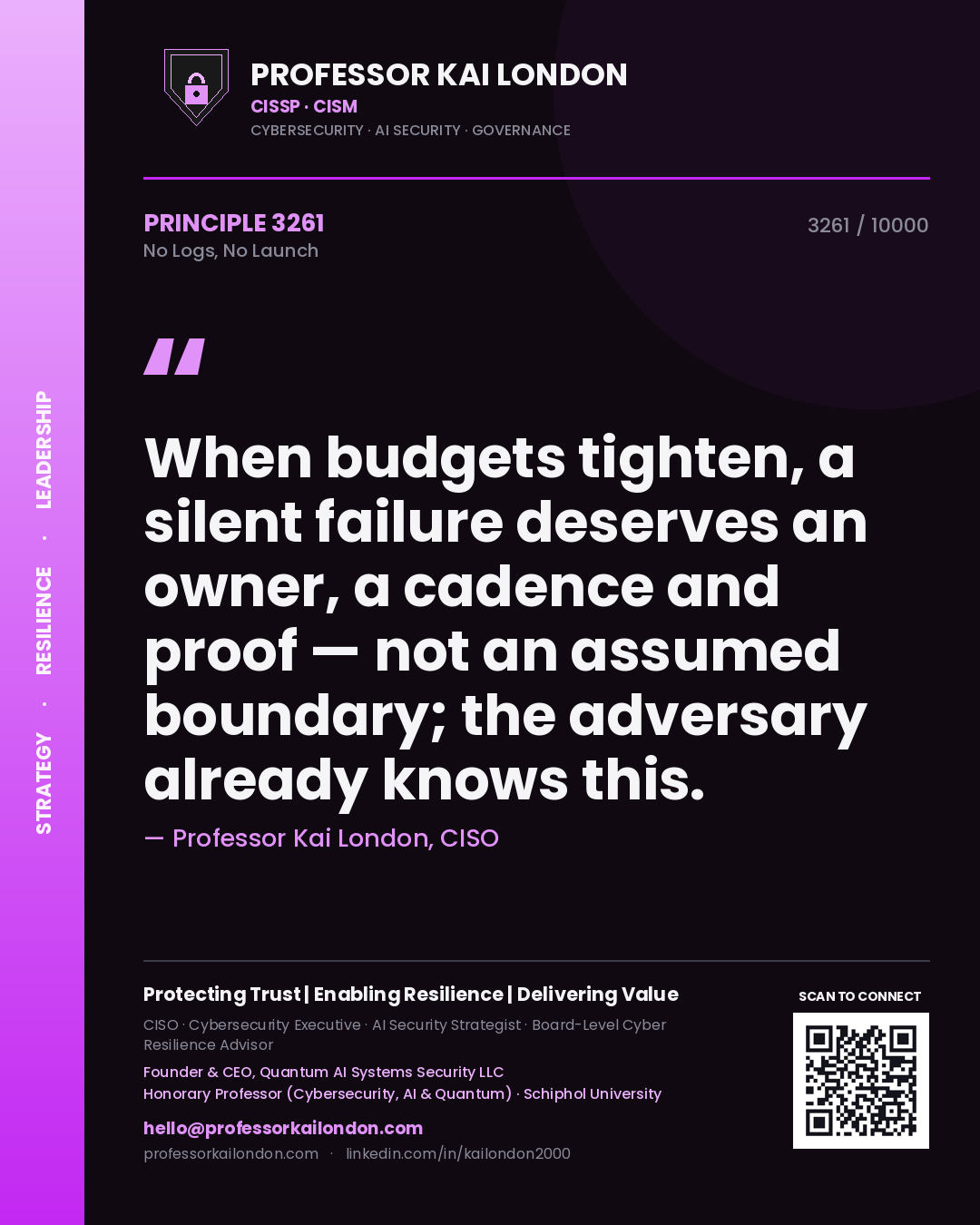 Professor Kai London principle 3261: When budgets tighten, a silent failure deserves an owner, a cadence and proof — not an assumed boundary; the adversary already knows this.