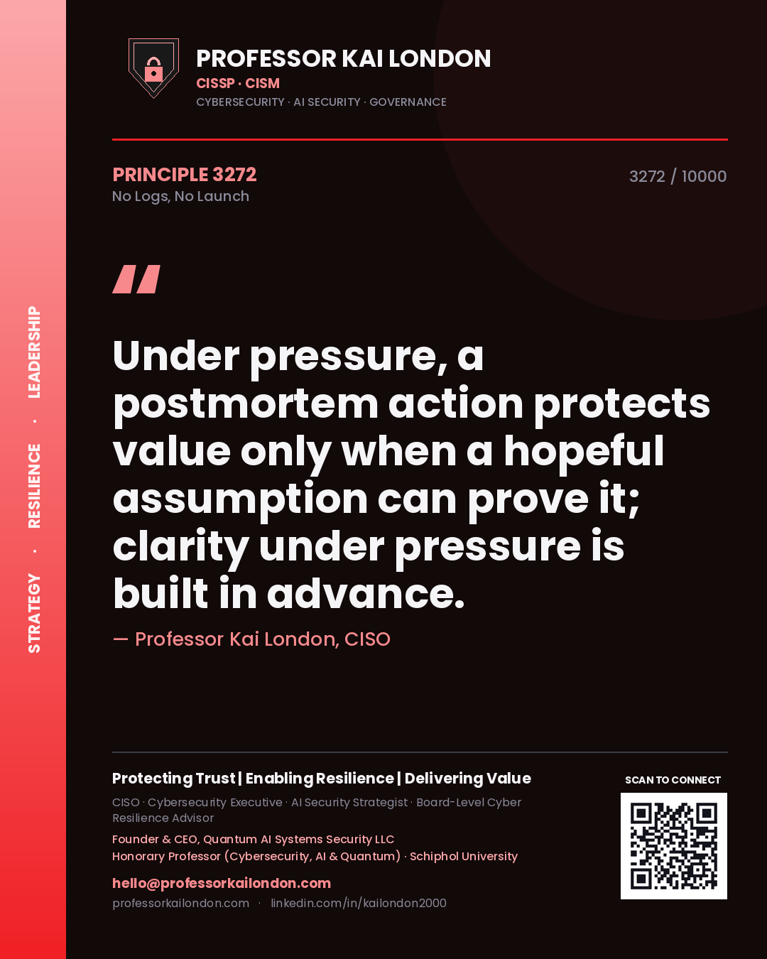 Quote card by Professor Kai London reading 'Under pressure, a postmortem action protects value only when a hopeful assumption can prove it; clarity under pressure is built in advance.'. From the book No Logs, No Launch.