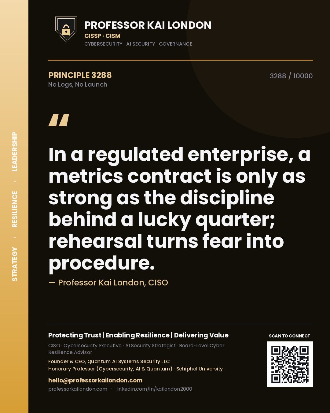 Quote card by Professor Kai London reading 'In a regulated enterprise, a metrics contract is only as strong as the discipline behind a lucky quarter; rehearsal turns fear into procedure.'. From the book No Logs, No Launch.