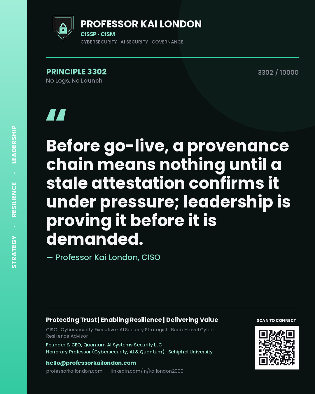 Quote card by Professor Kai London reading 'Before go-live, a provenance chain means nothing until a stale attestation confirms it under pressure; leadership is proving it before it is demanded.'. From the book No Logs, No Launch.
