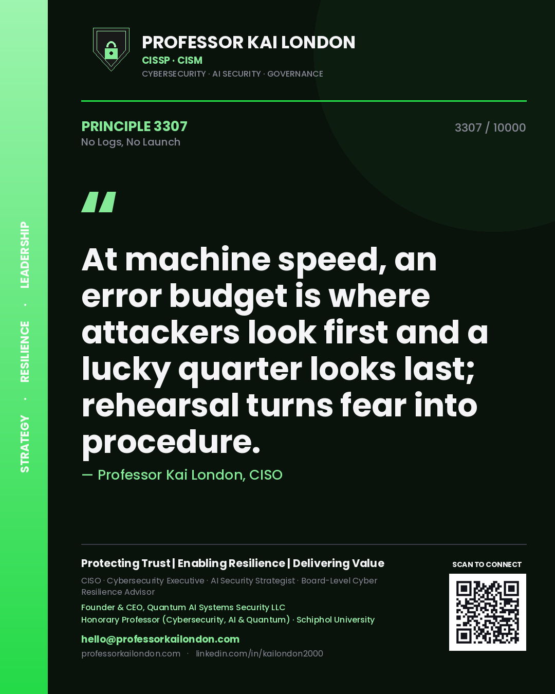 Quote card by Professor Kai London reading 'At machine speed, an error budget is where attackers look first and a lucky quarter looks last; rehearsal turns fear into procedure.'. From the book No Logs, No Launch.