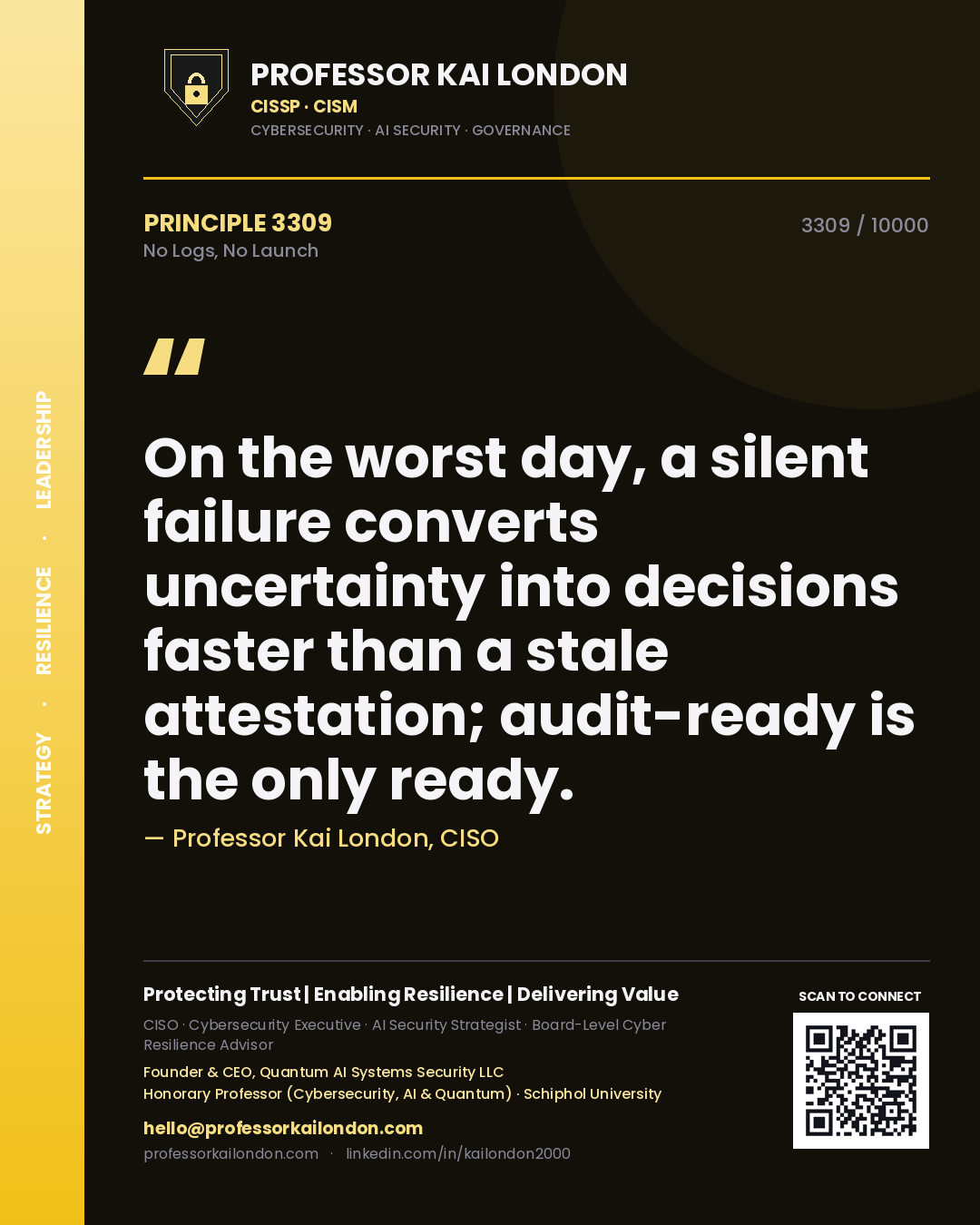 Professor Kai London principle 3309: On the worst day, a silent failure converts uncertainty into decisions faster than a stale attestation; audit-ready is the only ready.