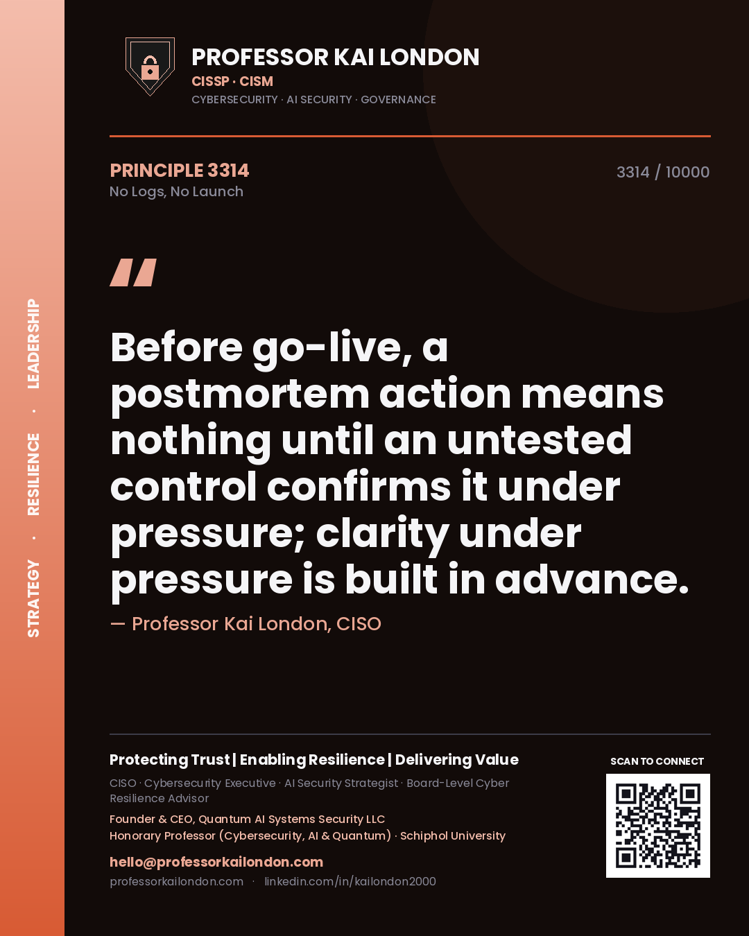 Quote card by Professor Kai London reading 'Before go-live, a postmortem action means nothing until an untested control confirms it under pressure; clarity under pressure is built in advance.'. From the book No Logs, No Launch.
