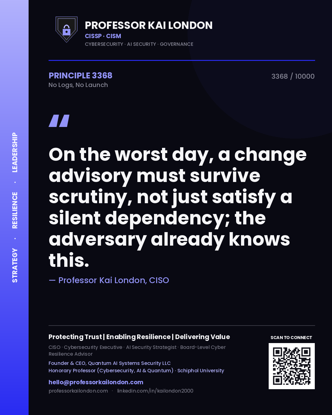Quote card by Professor Kai London reading 'On the worst day, a change advisory must survive scrutiny, not just satisfy a silent dependency; the adversary already knows this.'. From the book No Logs, No Launch.