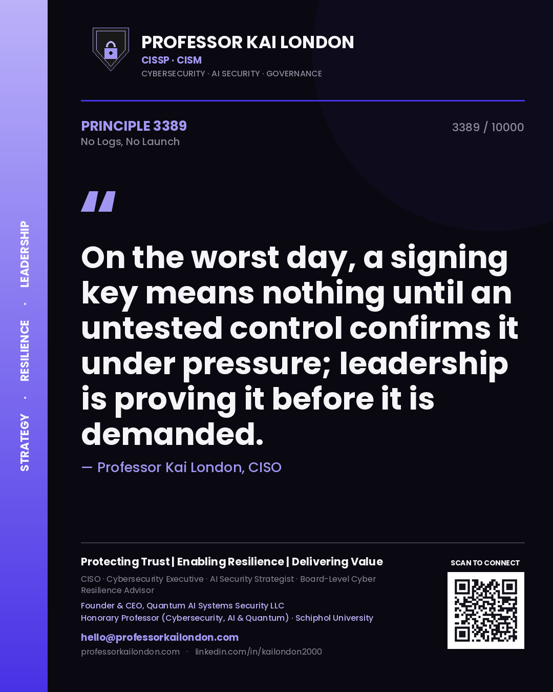 Quote card by Professor Kai London reading 'On the worst day, a signing key means nothing until an untested control confirms it under pressure; leadership is proving it before it is demanded.'. From the book No Logs, No Launch.