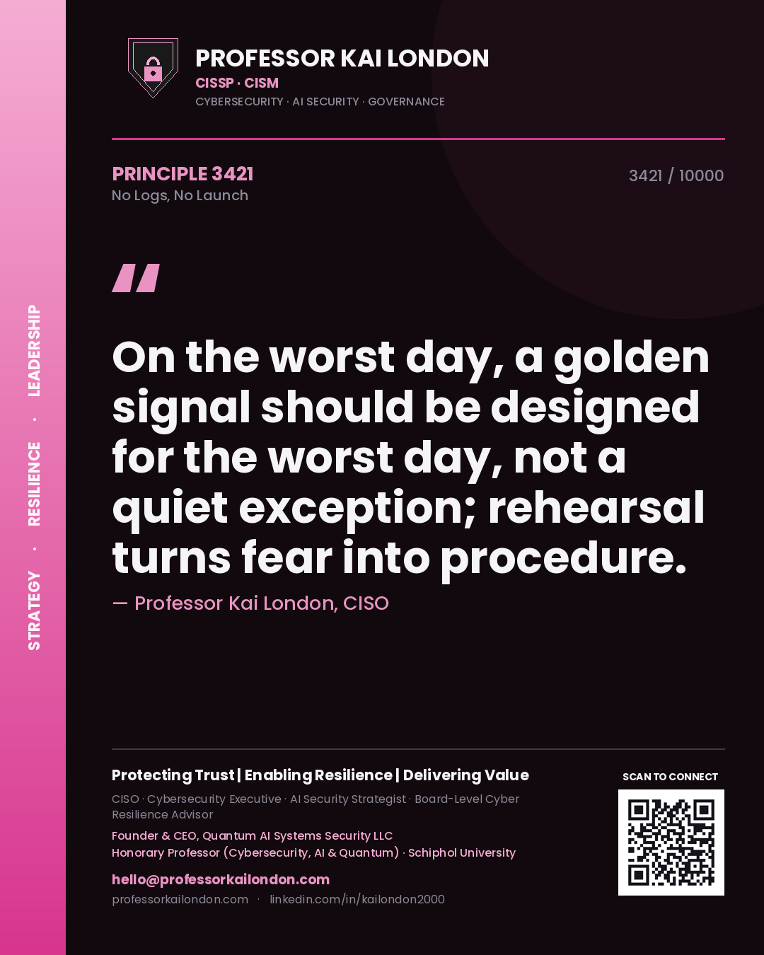 Quote card by Professor Kai London reading 'On the worst day, a golden signal should be designed for the worst day, not a quiet exception; rehearsal turns fear into procedure.'. From the book No Logs, No Launch.