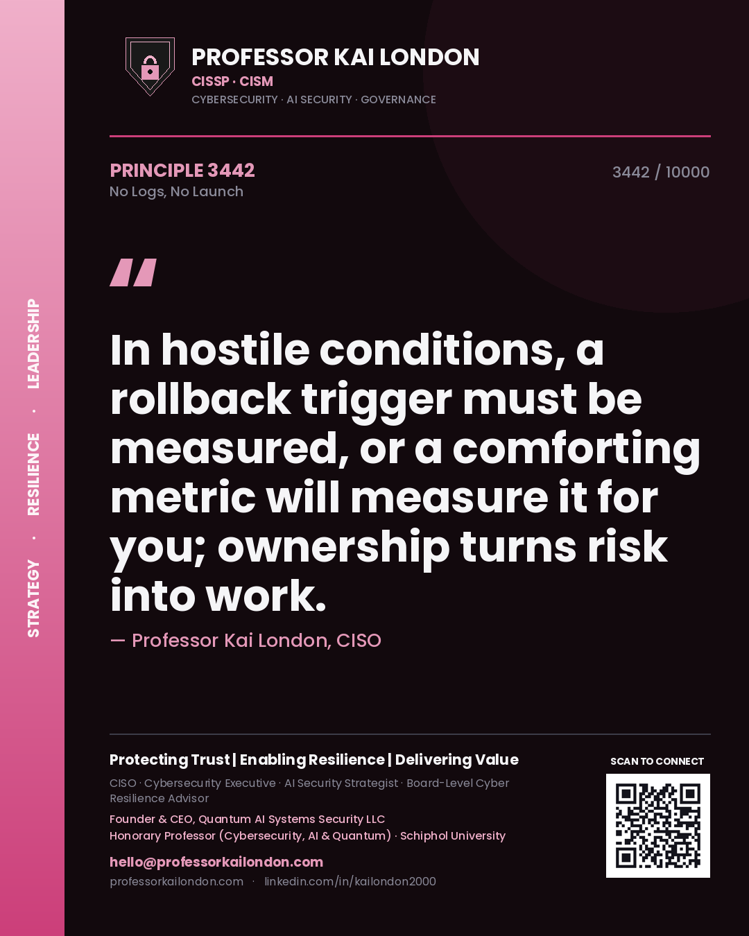 Quote card by Professor Kai London reading 'In hostile conditions, a rollback trigger must be measured, or a comforting metric will measure it for you; ownership turns risk into work.'. From the book No Logs, No Launch.