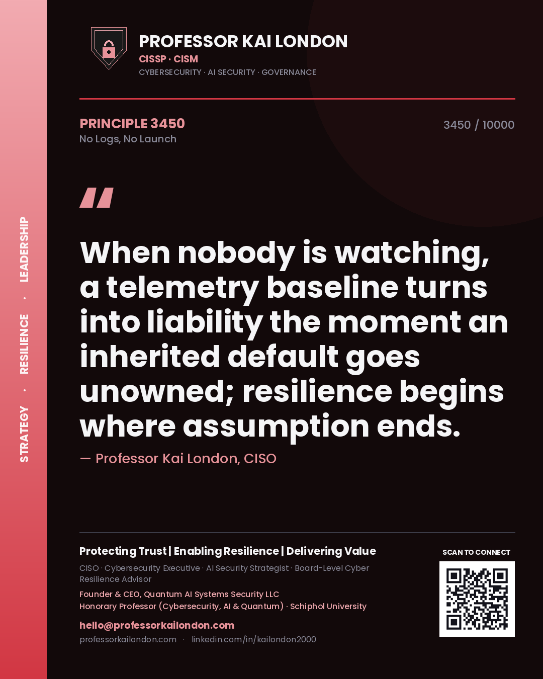 Quote card by Professor Kai London reading 'When nobody is watching, a telemetry baseline turns into liability the moment an inherited default goes unowned; resilience begins where assumption ends.'. From the book No Logs, No Launch.