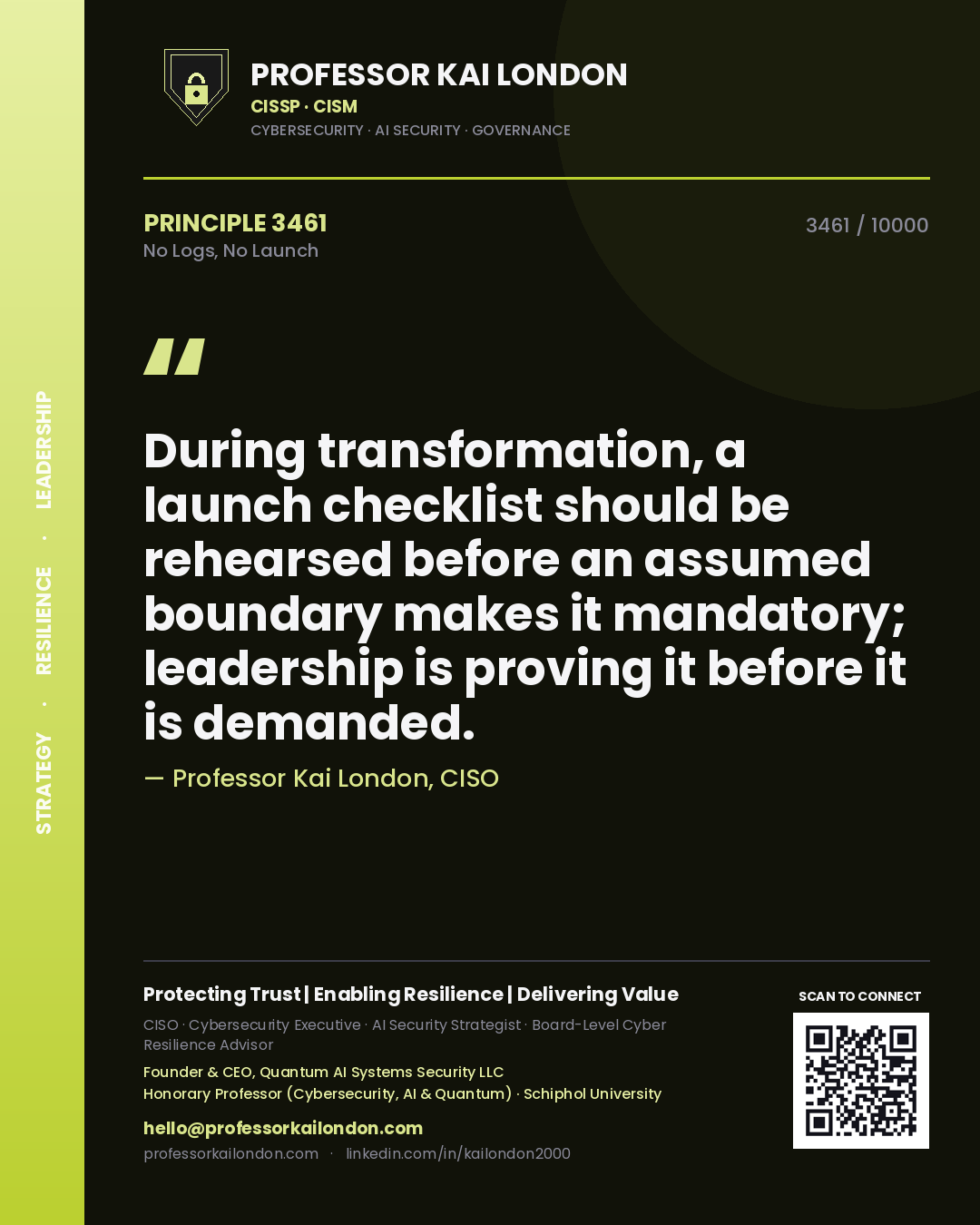 Quote card by Professor Kai London reading 'During transformation, a launch checklist should be rehearsed before an assumed boundary makes it mandatory; leadership is proving it before it is demanded.'. From the book No Logs, No Launch.