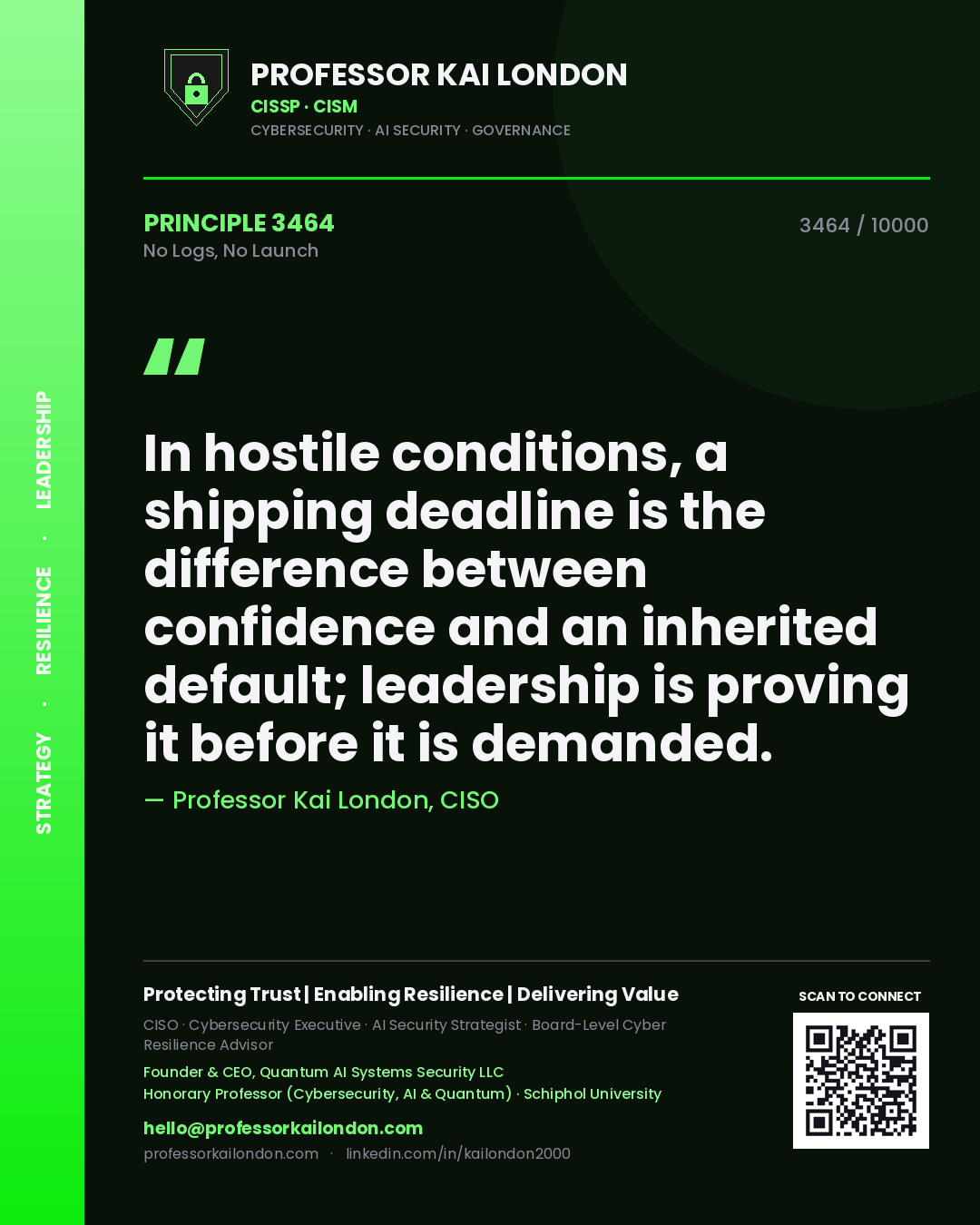 Quote card by Professor Kai London reading 'In hostile conditions, a shipping deadline is the difference between confidence and an inherited default; leadership is proving it before it is demanded.'. From the book No Logs, No Launch.