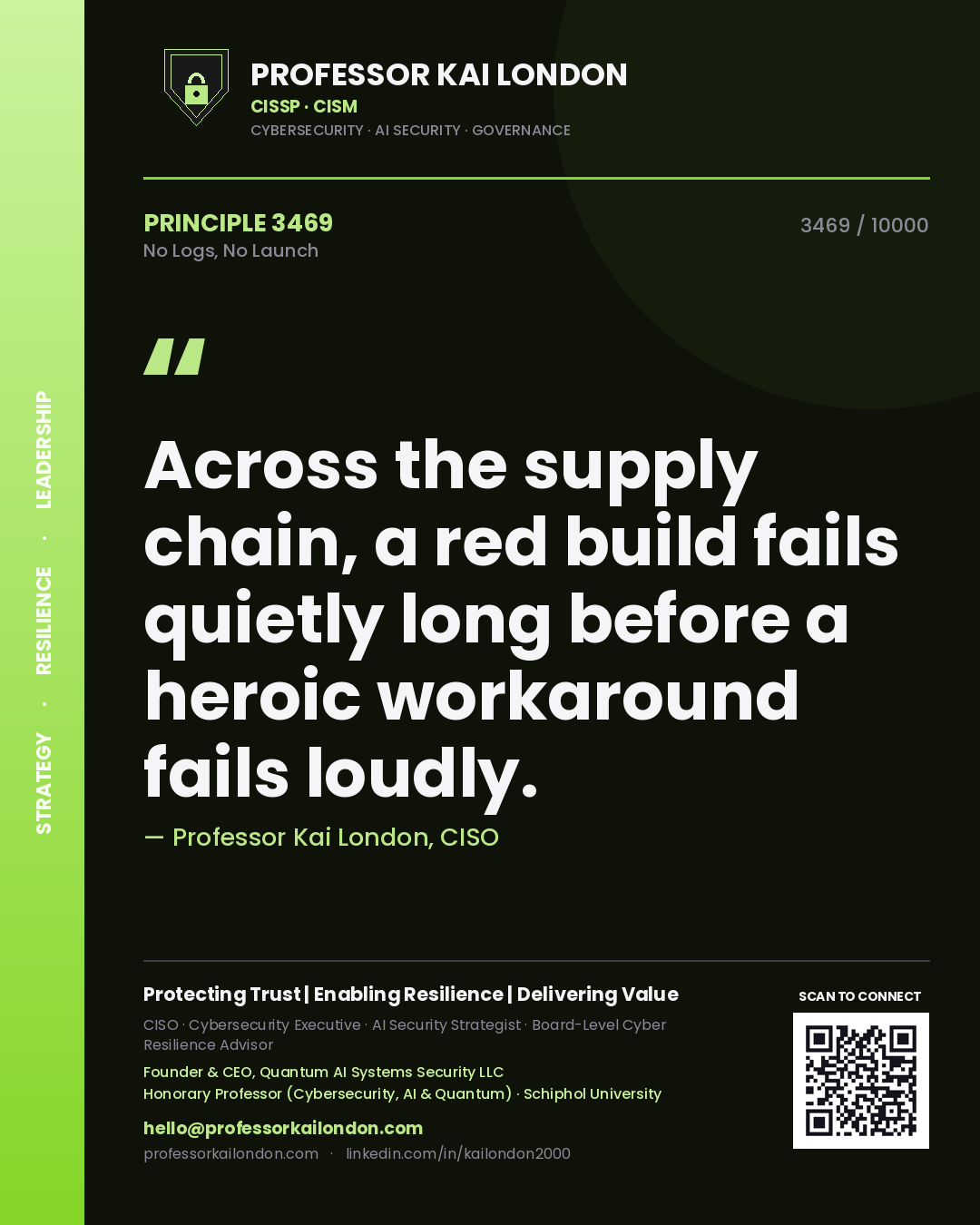 Quote card by Professor Kai London reading 'Across the supply chain, a red build fails quietly long before a heroic workaround fails loudly.'. From the book No Logs, No Launch.