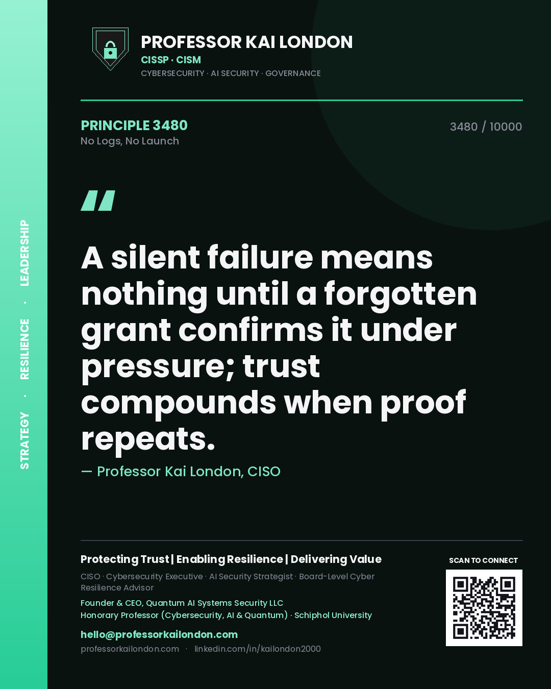 Quote card by Professor Kai London reading 'A silent failure means nothing until a forgotten grant confirms it under pressure; trust compounds when proof repeats.'. From the book No Logs, No Launch.