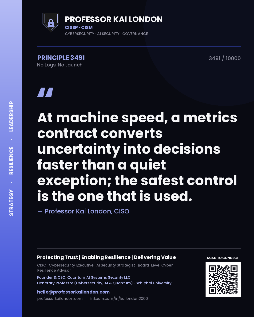 Quote card by Professor Kai London reading 'At machine speed, a metrics contract converts uncertainty into decisions faster than a quiet exception; the safest control is the one that is used.'. From the book No Logs, No Launch.
