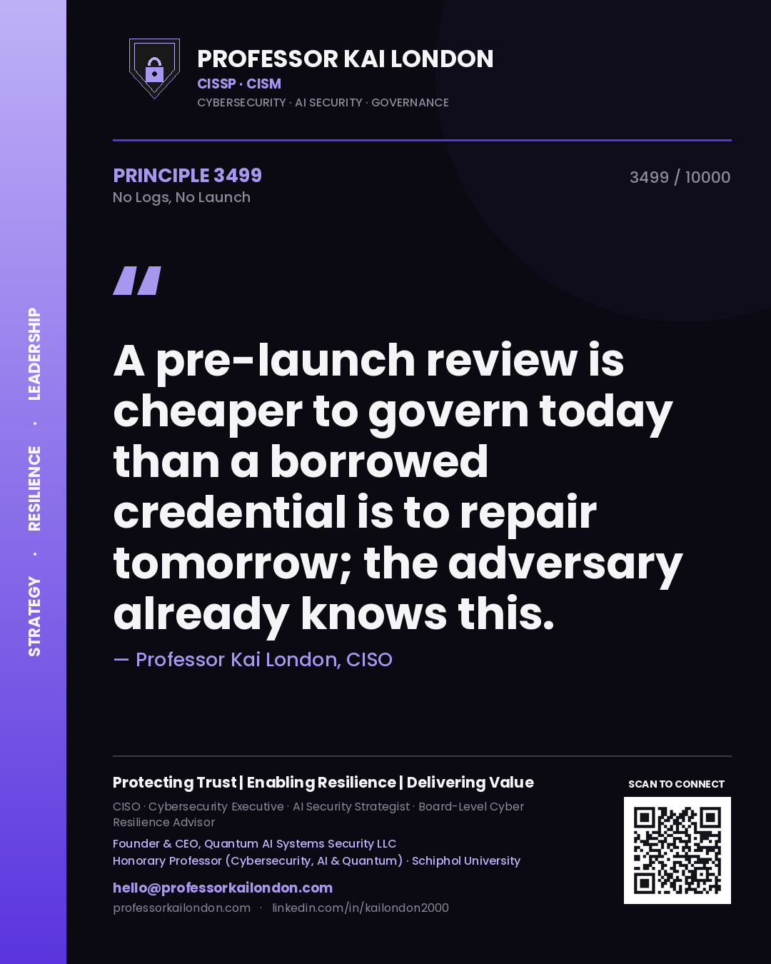 Quote card by Professor Kai London reading 'A pre-launch review is cheaper to govern today than a borrowed credential is to repair tomorrow; the adversary already knows this.'. From the book No Logs, No Launch.