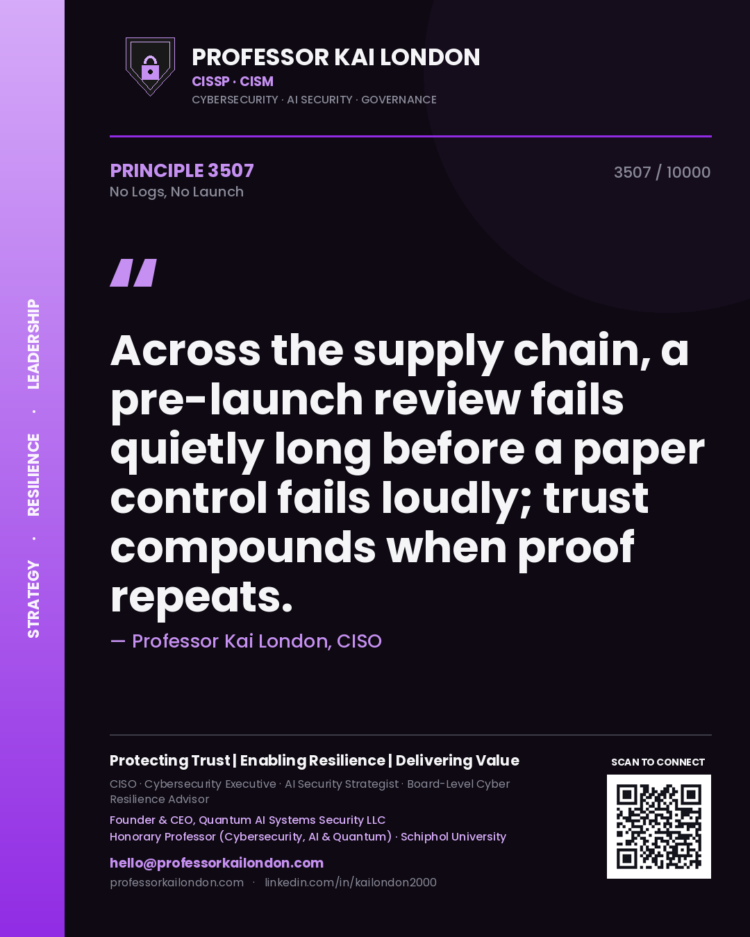 Quote card by Professor Kai London reading 'Across the supply chain, a pre-launch review fails quietly long before a paper control fails loudly; trust compounds when proof repeats.'. From the book No Logs, No Launch.