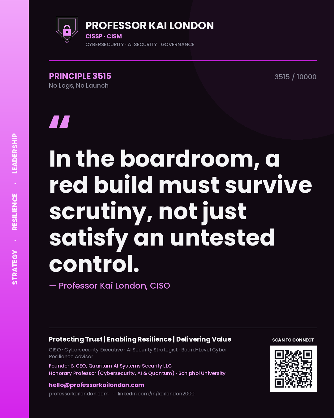 Professor Kai London principle 3515: In the boardroom, a red build must survive scrutiny, not just satisfy an untested control.