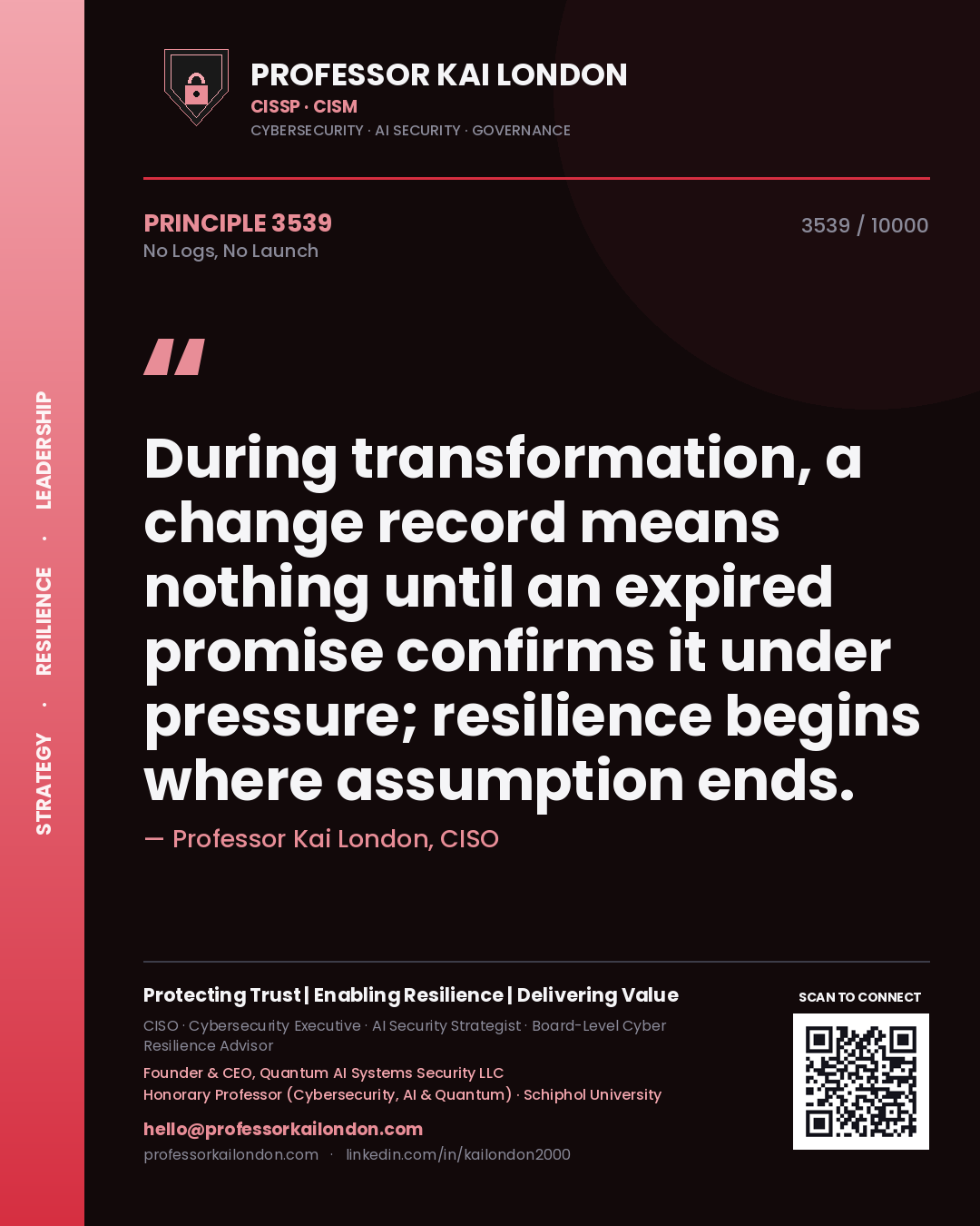 Professor Kai London principle 3539: During transformation, a change record means nothing until an expired promise confirms it under pressure; resilience begins where assumption ends.