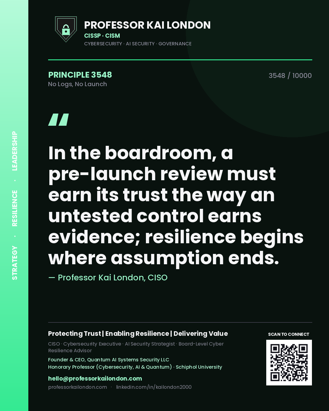 Professor Kai London principle 3548: In the boardroom, a pre-launch review must earn its trust the way an untested control earns evidence; resilience begins where assumption ends.