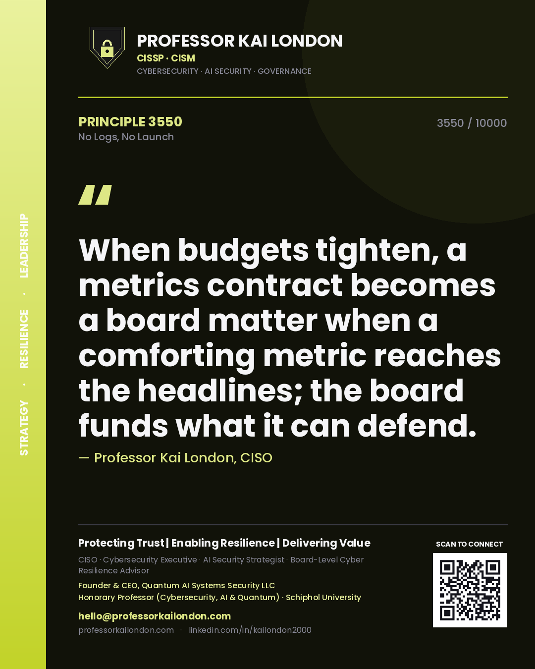 Quote card by Professor Kai London reading 'When budgets tighten, a metrics contract becomes a board matter when a comforting metric reaches the headlines; the board funds what it can defend.'. From the book No Logs, No Launch.