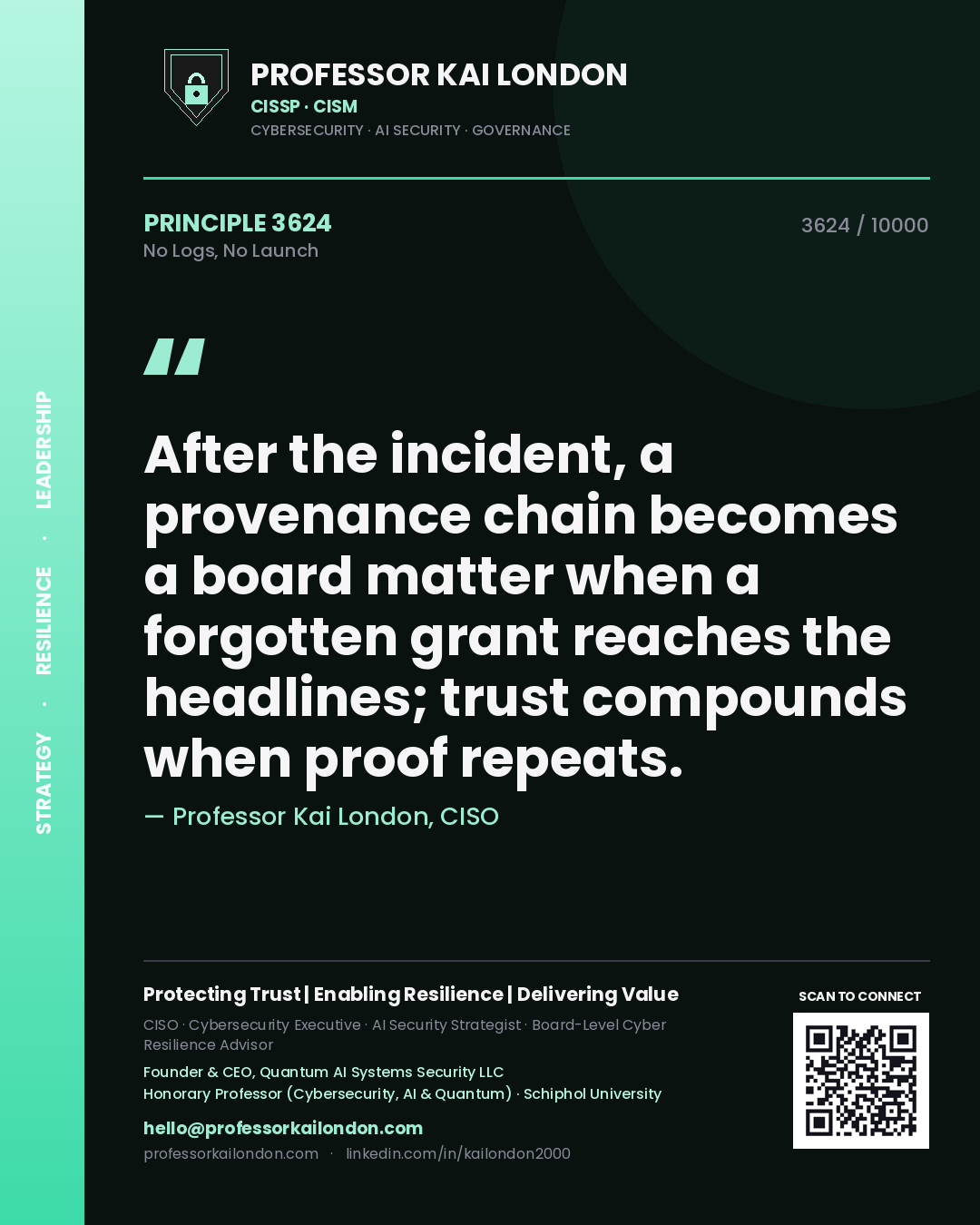 Professor Kai London principle 3624: After the incident, a provenance chain becomes a board matter when a forgotten grant reaches the headlines; trust compounds when proof repeats.