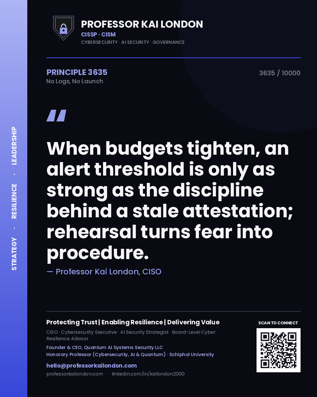 Quote card by Professor Kai London reading 'When budgets tighten, an alert threshold is only as strong as the discipline behind a stale attestation; rehearsal turns fear into procedure.'. From the book No Logs, No Launch.