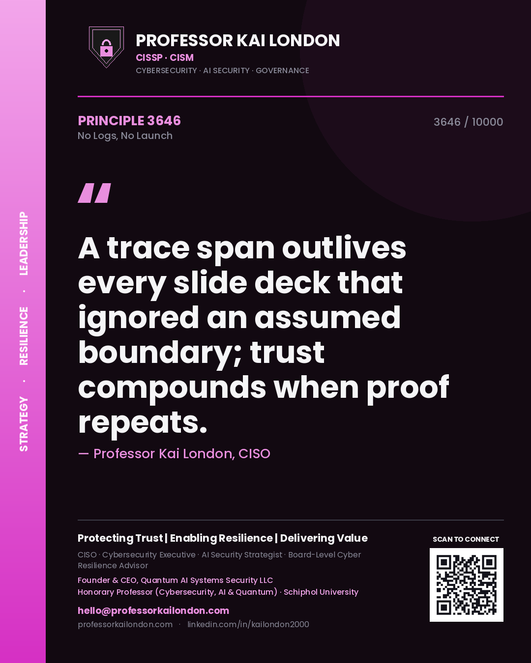 Professor Kai London principle 3646: A trace span outlives every slide deck that ignored an assumed boundary; trust compounds when proof repeats.