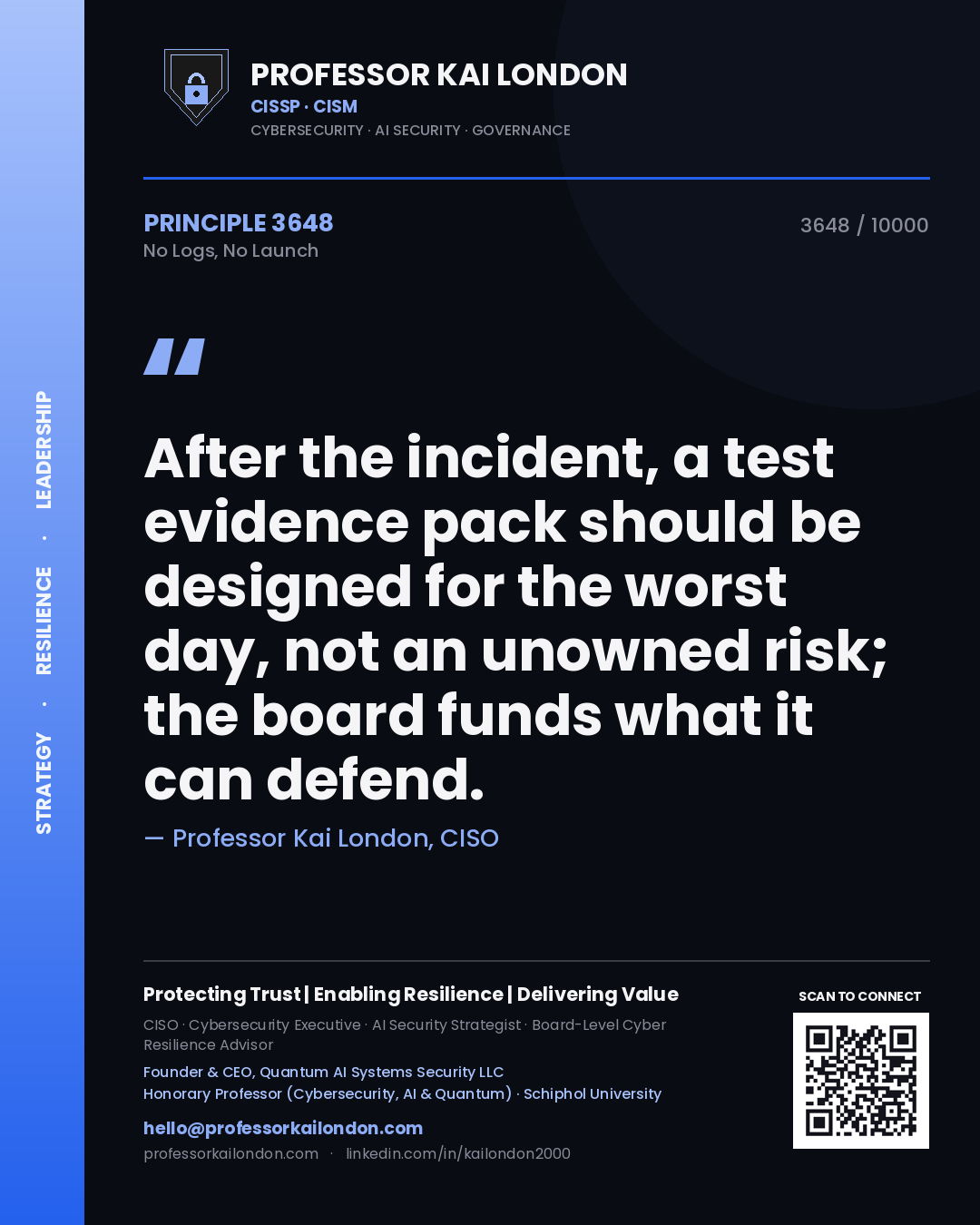 Quote card by Professor Kai London reading 'After the incident, a test evidence pack should be designed for the worst day, not an unowned risk; the board funds what it can defend.'. From the book No Logs, No Launch.