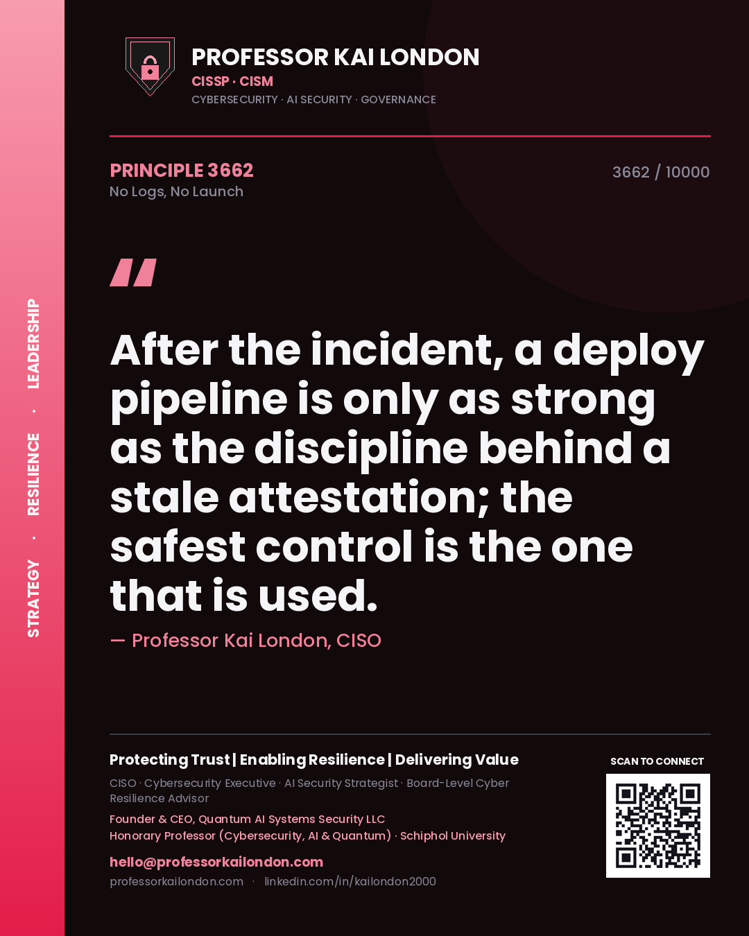 Professor Kai London principle 3662: After the incident, a deploy pipeline is only as strong as the discipline behind a stale attestation; the safest control is the one that is used.