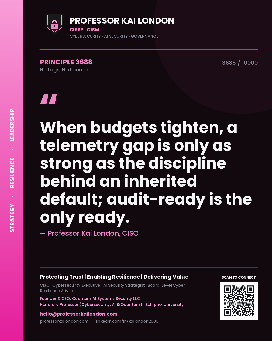 Quote card by Professor Kai London reading 'When budgets tighten, a telemetry gap is only as strong as the discipline behind an inherited default; audit-ready is the only ready.'. From the book No Logs, No Launch.