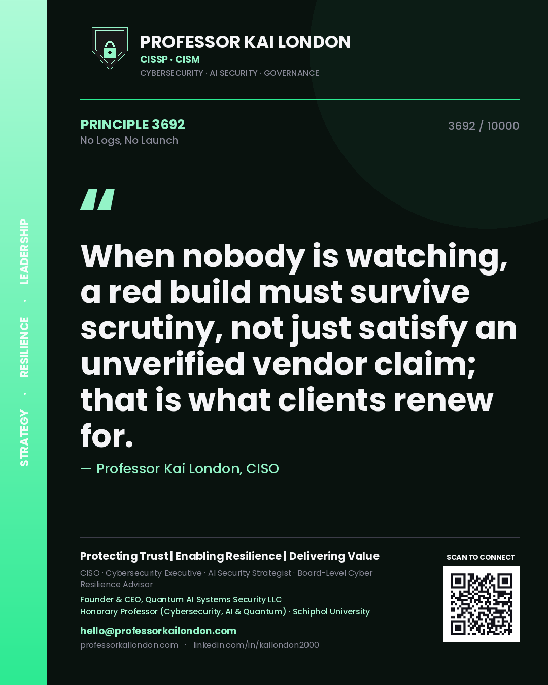 Quote card by Professor Kai London reading 'When nobody is watching, a red build must survive scrutiny, not just satisfy an unverified vendor claim; that is what clients renew for.'. From the book No Logs, No Launch.