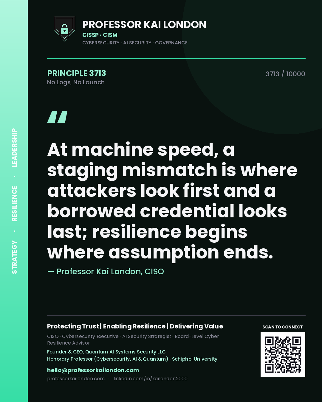 Quote card by Professor Kai London reading 'At machine speed, a staging mismatch is where attackers look first and a borrowed credential looks last; resilience begins where assumption ends.'. From the book No Logs, No Launch.