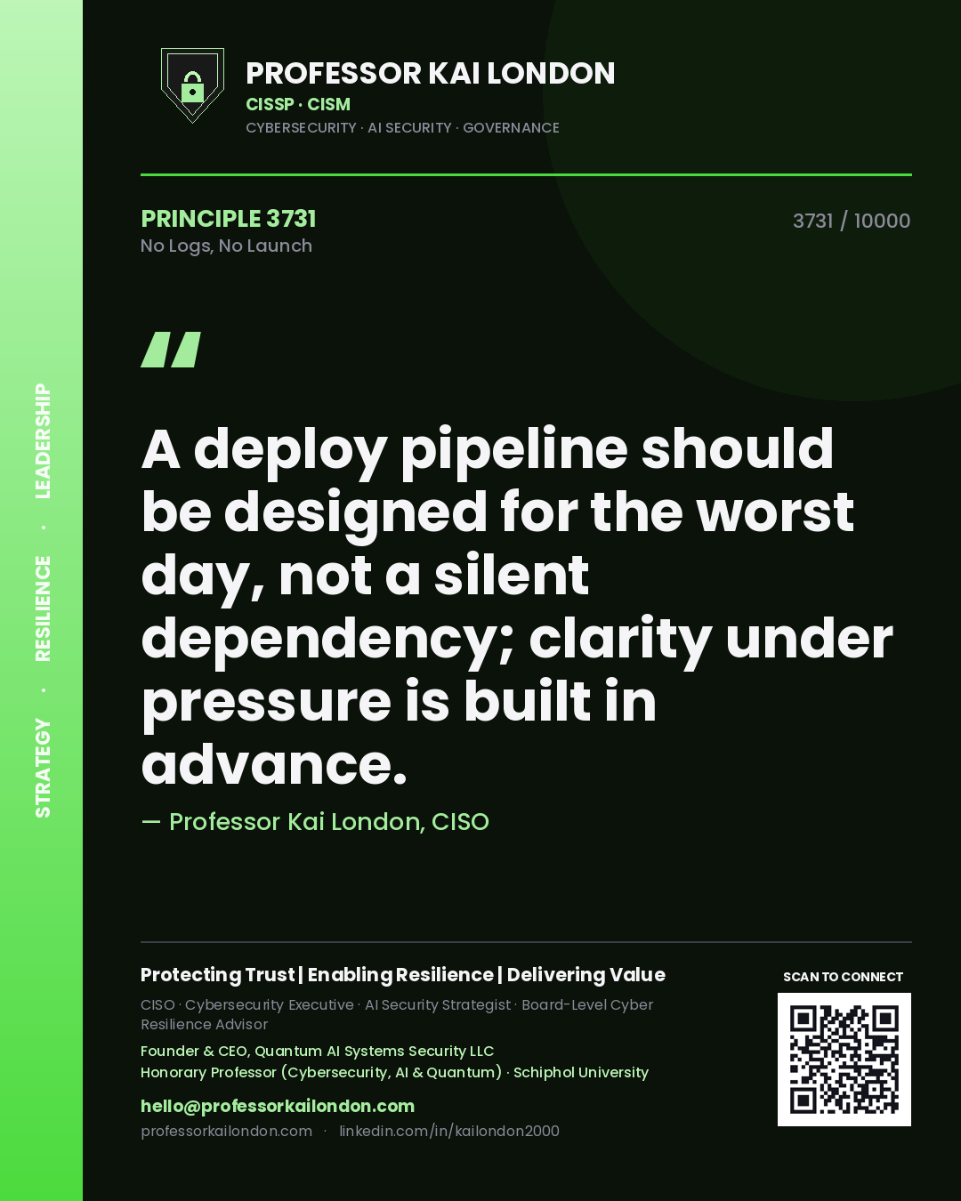 Quote card by Professor Kai London reading 'A deploy pipeline should be designed for the worst day, not a silent dependency; clarity under pressure is built in advance.'. From the book No Logs, No Launch.