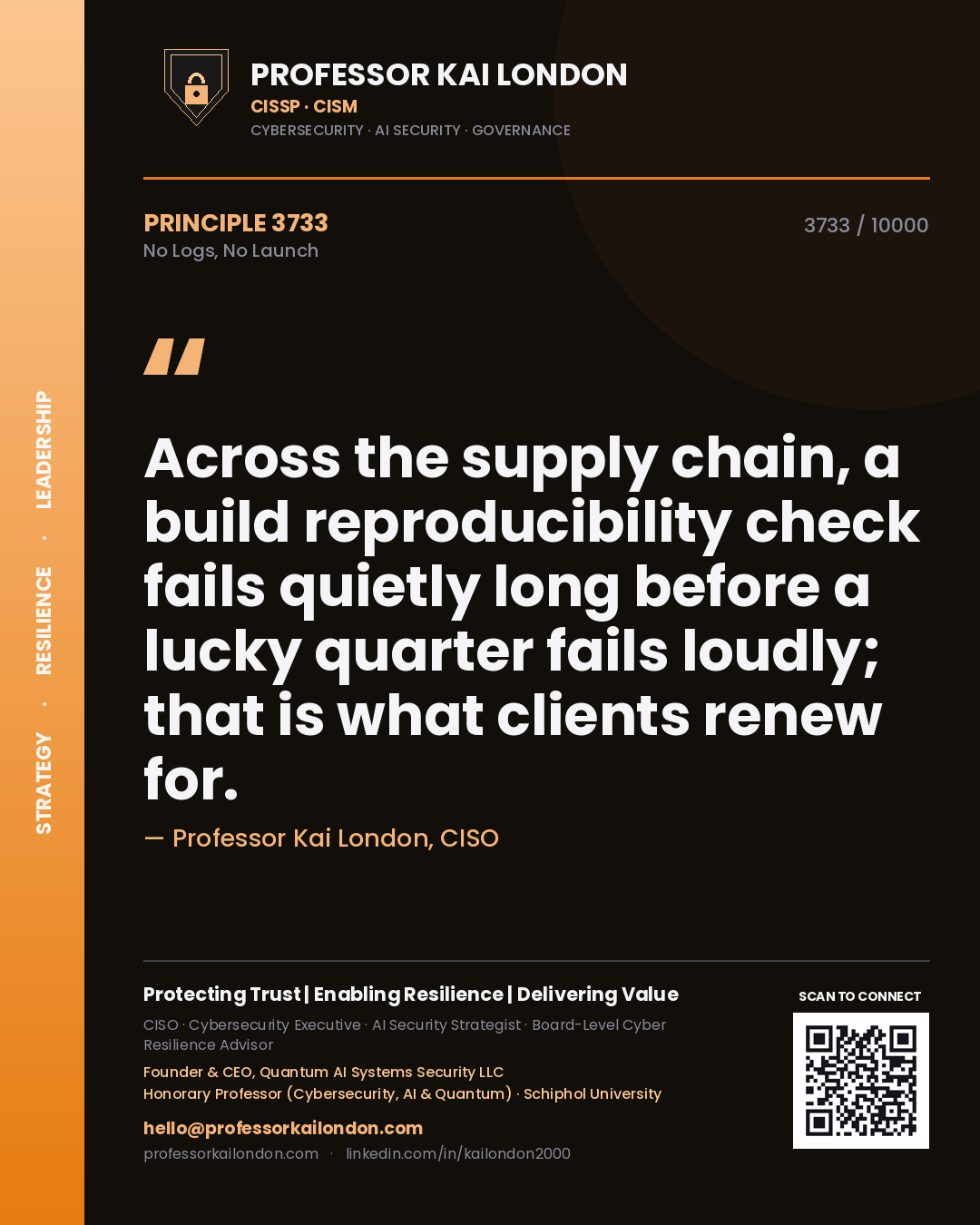 Quote card by Professor Kai London reading 'Across the supply chain, a build reproducibility check fails quietly long before a lucky quarter fails loudly; that is what clients renew for.'. From the book No Logs, No Launch.