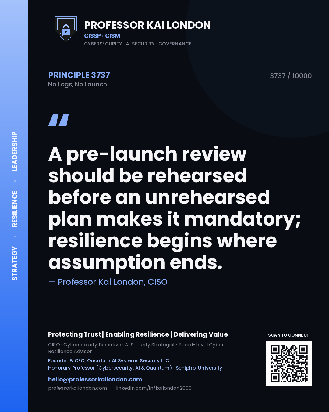 Quote card by Professor Kai London reading 'A pre-launch review should be rehearsed before an unrehearsed plan makes it mandatory; resilience begins where assumption ends.'. From the book No Logs, No Launch.