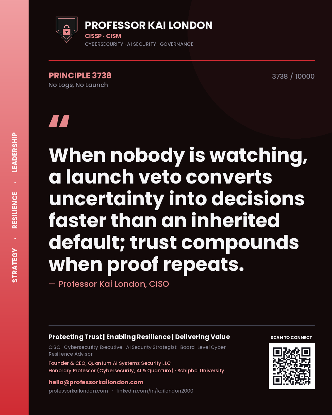 Quote card by Professor Kai London reading 'When nobody is watching, a launch veto converts uncertainty into decisions faster than an inherited default; trust compounds when proof repeats.'. From the book No Logs, No Launch.