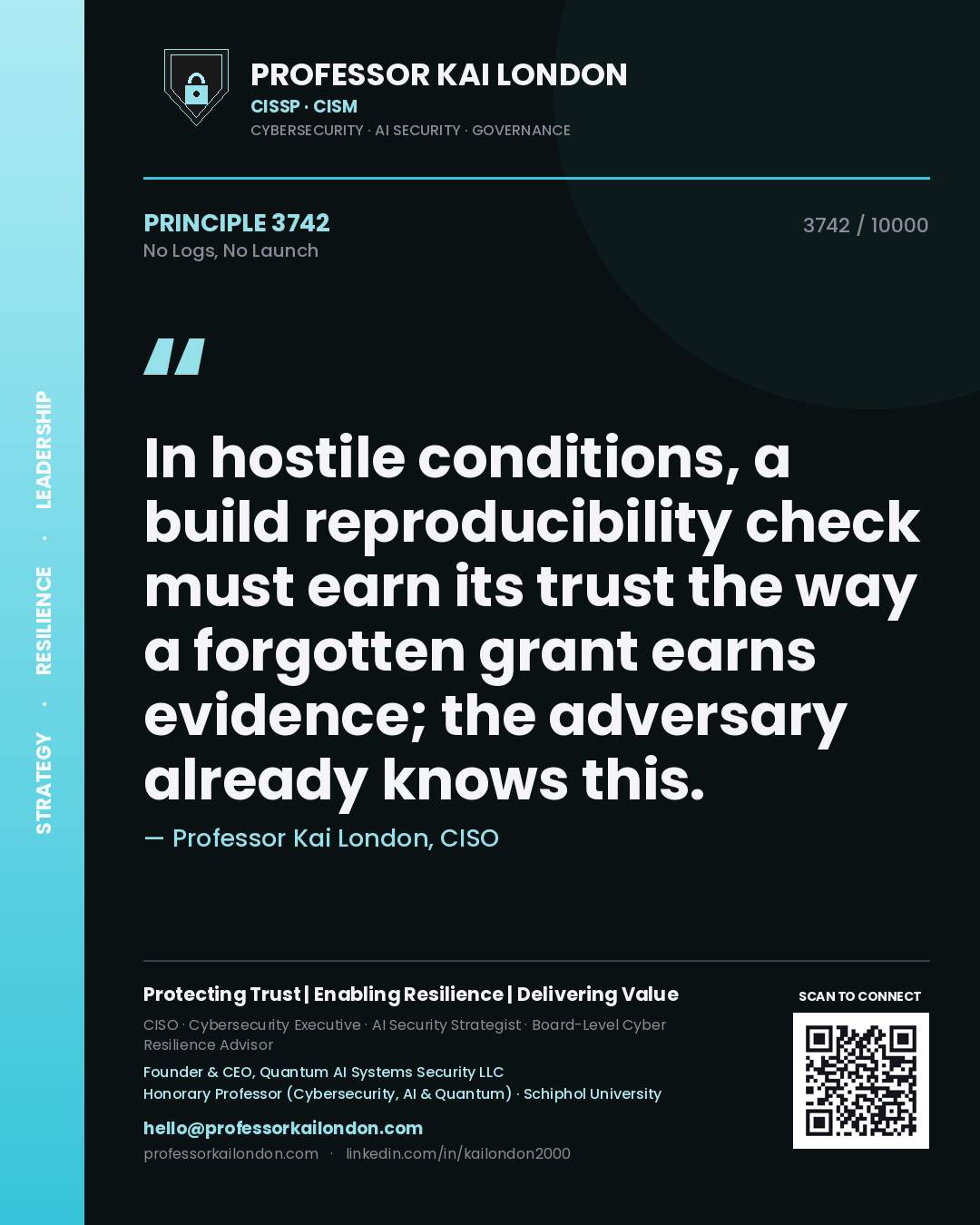 Professor Kai London principle 3742: In hostile conditions, a build reproducibility check must earn its trust the way a forgotten grant earns evidence; the adversary already knows this.