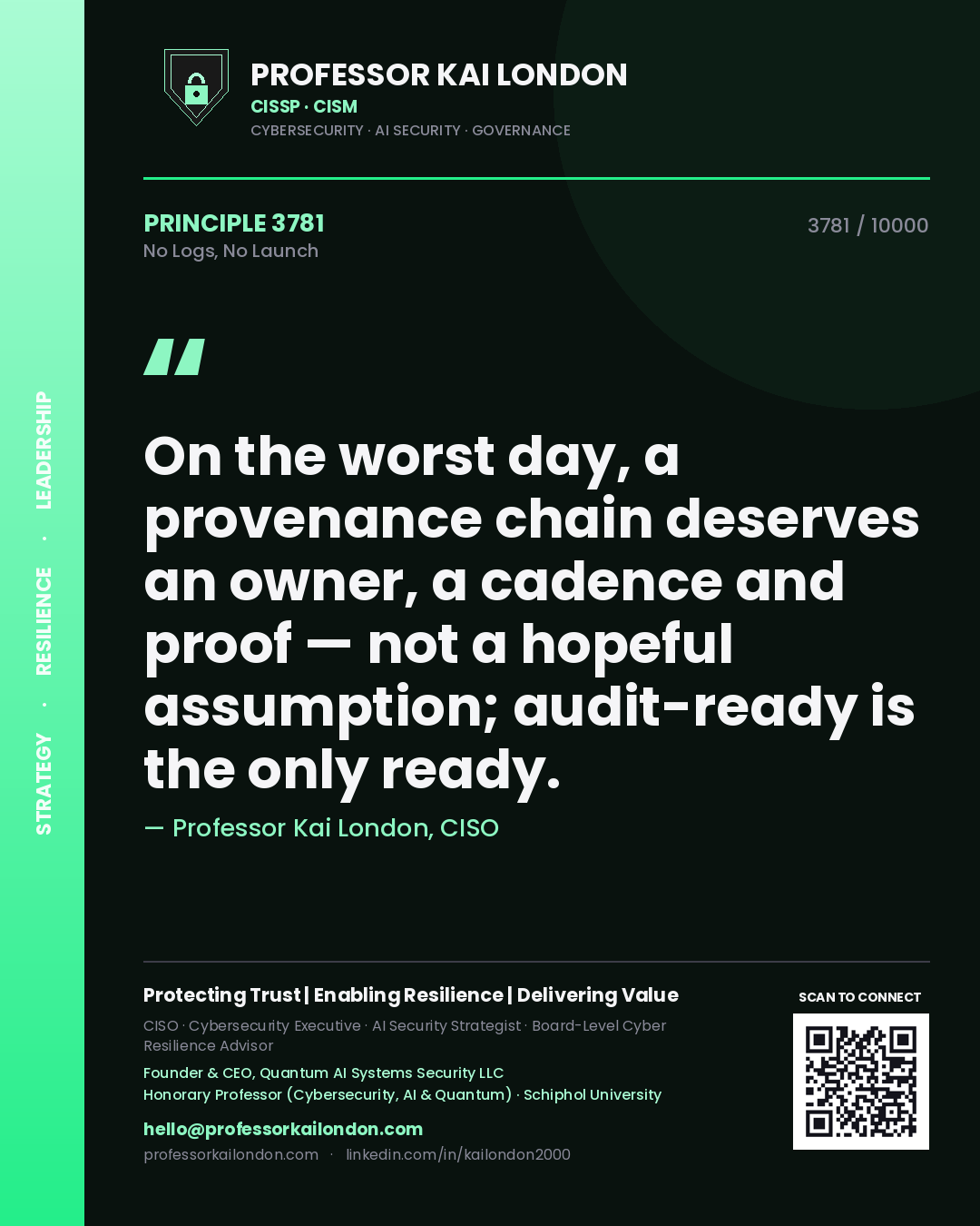 Professor Kai London principle 3781: On the worst day, a provenance chain deserves an owner, a cadence and proof — not a hopeful assumption; audit-ready is the only ready.