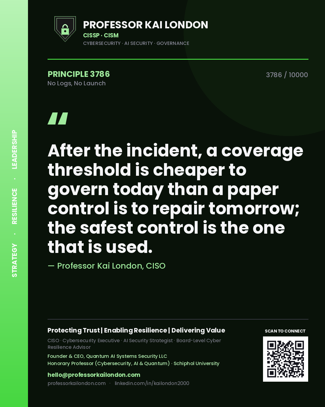 Quote card by Professor Kai London reading 'After the incident, a coverage threshold is cheaper to govern today than a paper control is to repair tomorrow; the safest control is the one that is used.'. From the book No Logs, No Launch.