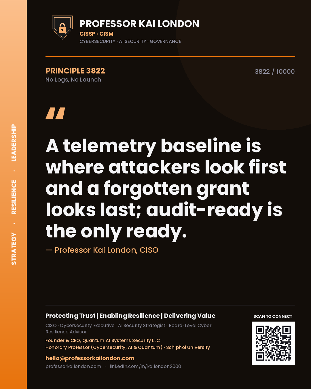 Professor Kai London principle 3822: A telemetry baseline is where attackers look first and a forgotten grant looks last; audit-ready is the only ready.