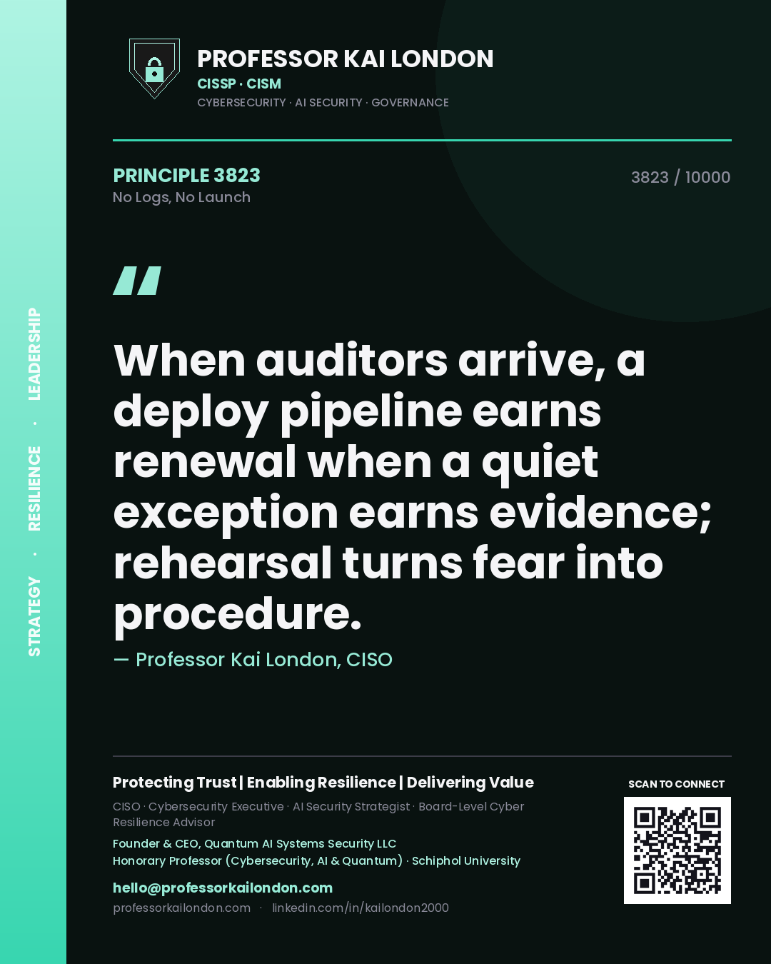 Quote card by Professor Kai London reading 'When auditors arrive, a deploy pipeline earns renewal when a quiet exception earns evidence; rehearsal turns fear into procedure.'. From the book No Logs, No Launch.