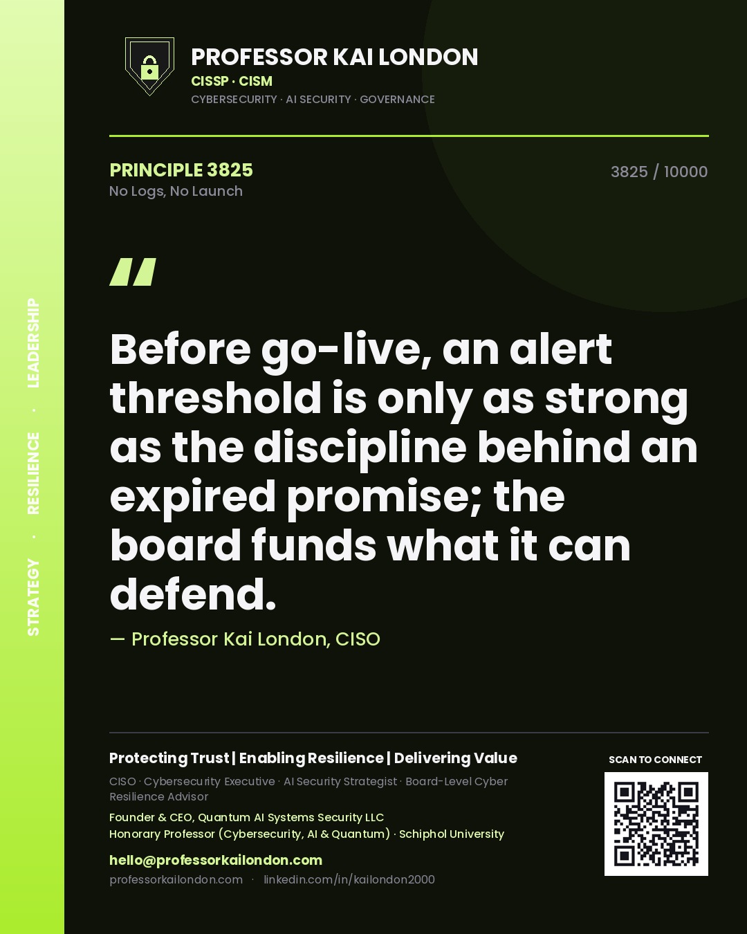 Professor Kai London principle 3825: Before go-live, an alert threshold is only as strong as the discipline behind an expired promise; the board funds what it can defend.