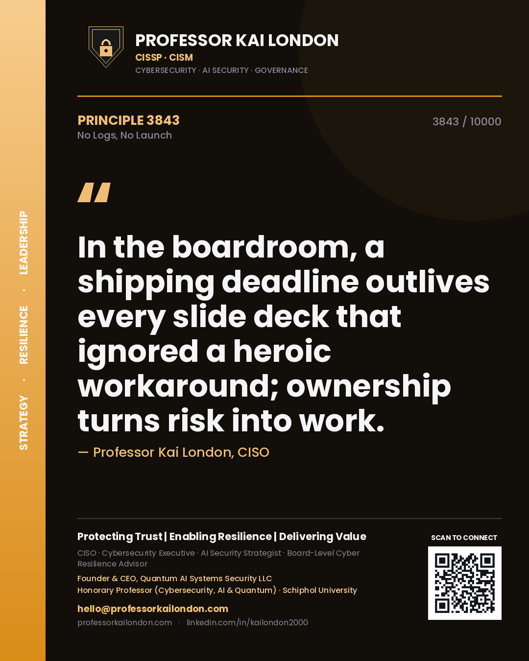 Professor Kai London principle 3843: In the boardroom, a shipping deadline outlives every slide deck that ignored a heroic workaround; ownership turns risk into work.