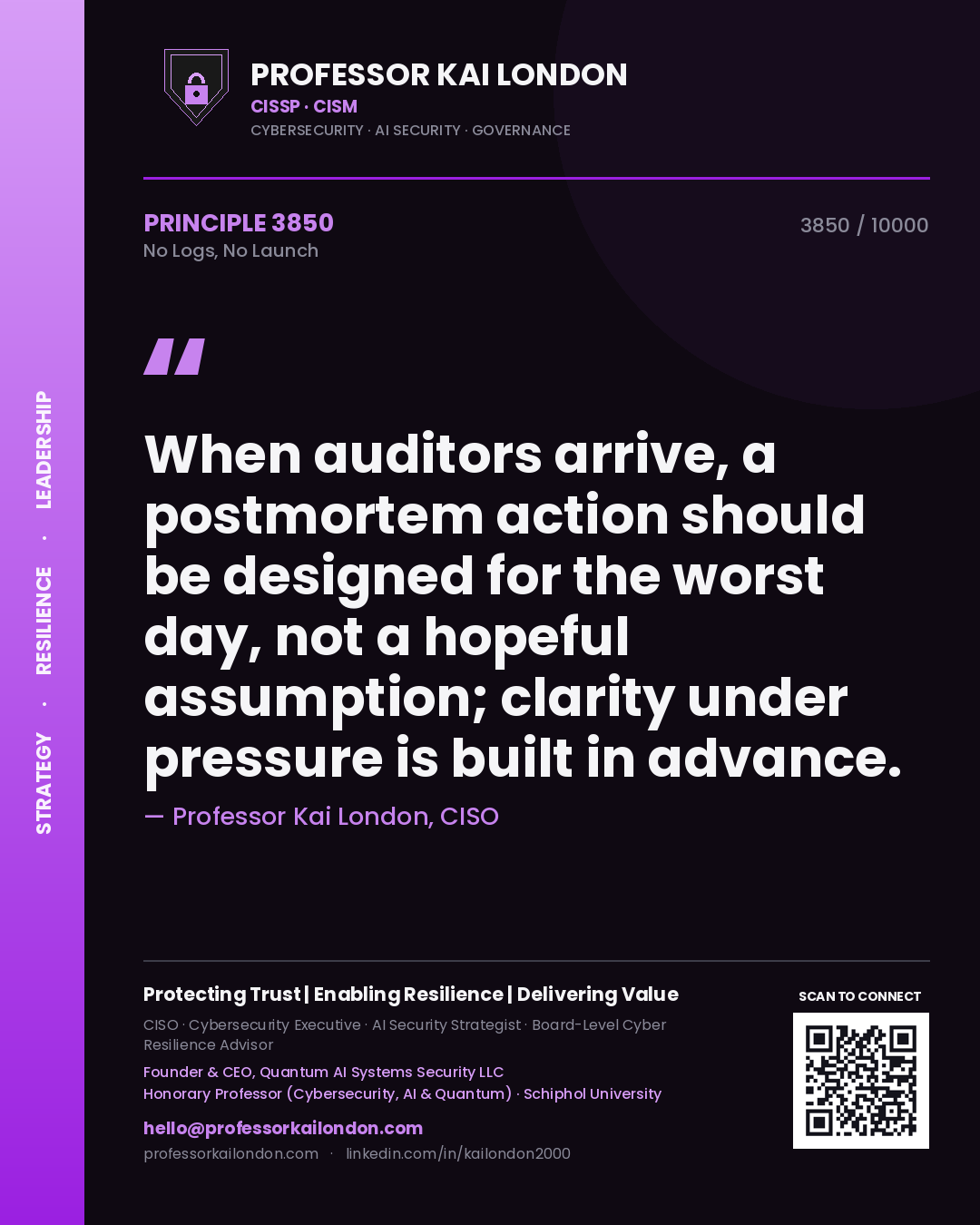 Quote card by Professor Kai London reading 'When auditors arrive, a postmortem action should be designed for the worst day, not a hopeful assumption; clarity under pressure is built in advance.'. From the book No Logs, No Launch.