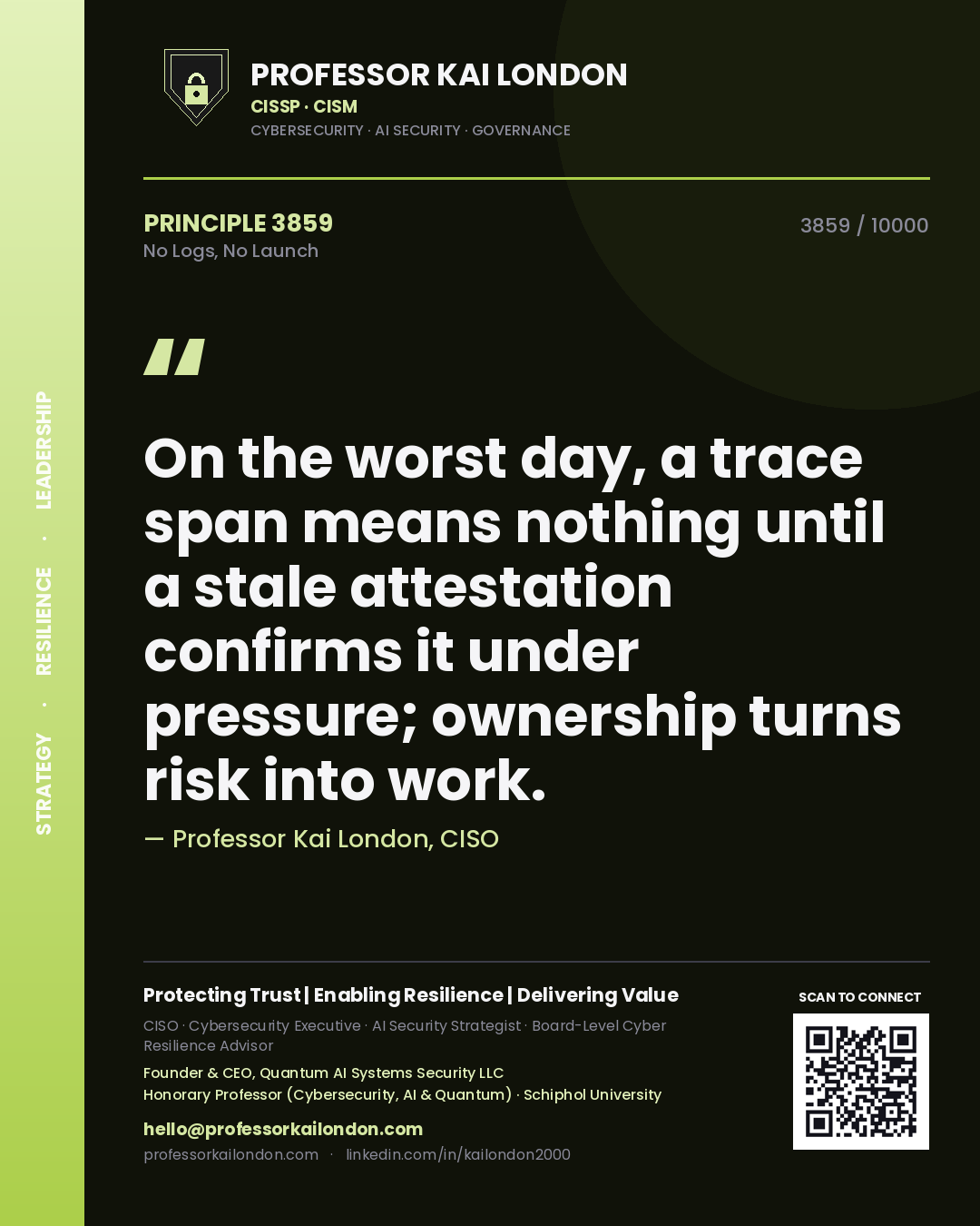 Quote card by Professor Kai London reading 'On the worst day, a trace span means nothing until a stale attestation confirms it under pressure; ownership turns risk into work.'. From the book No Logs, No Launch.