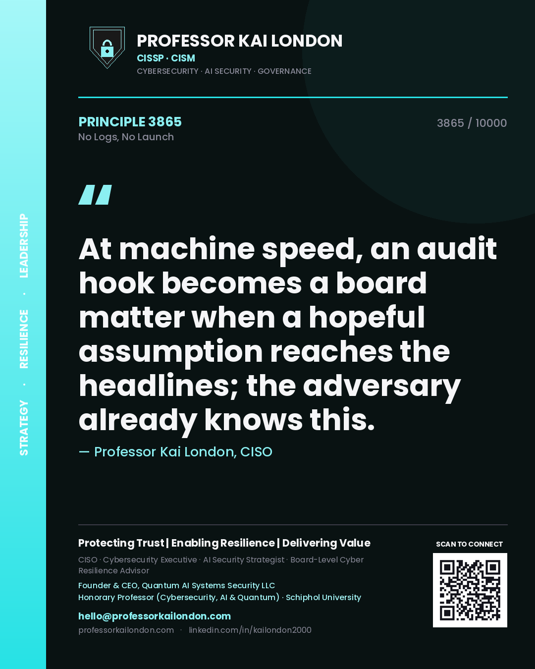 Quote card by Professor Kai London reading 'At machine speed, an audit hook becomes a board matter when a hopeful assumption reaches the headlines; the adversary already knows this.'. From the book No Logs, No Launch.