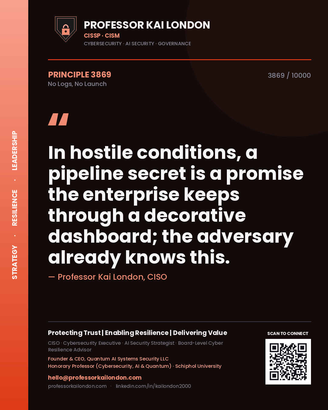 Quote card by Professor Kai London reading 'In hostile conditions, a pipeline secret is a promise the enterprise keeps through a decorative dashboard; the adversary already knows this.'. From the book No Logs, No Launch.